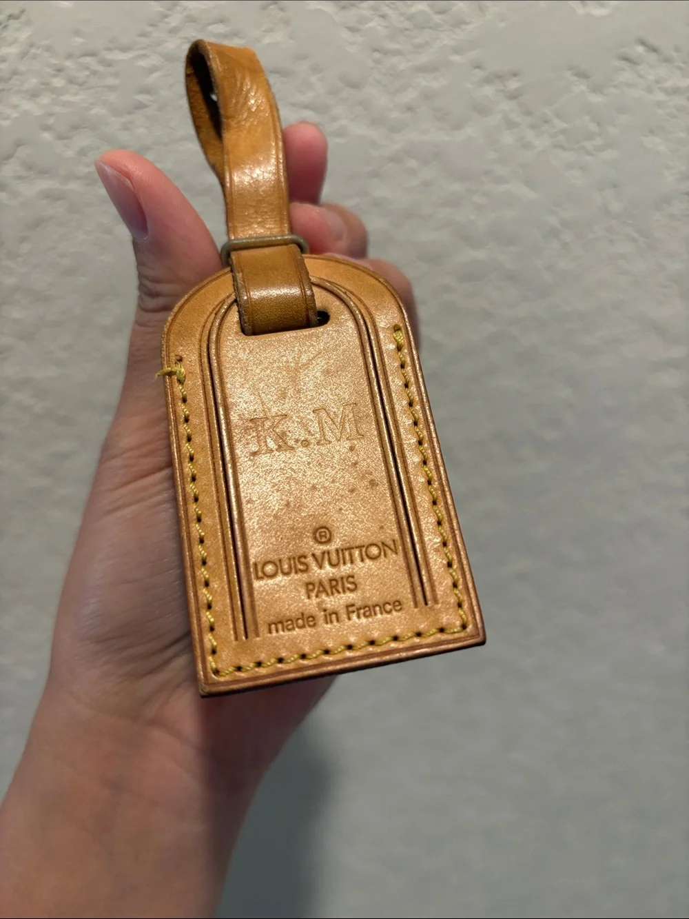 Louis Vuitton Mini Brown Leather Luggage Tag with K.M Initial